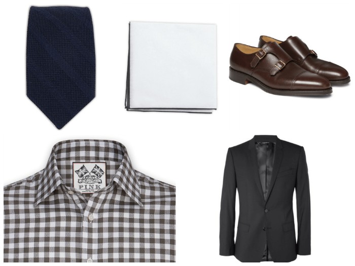 semi formal wedding attire assentials, checkered shirt in brown and white, dark striped tie, black formal blazer, brown leather shoes, and a white handkerchief