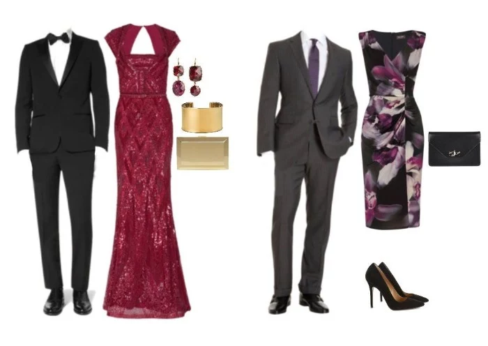 answering the question, what is cocktail attire for men, black suit with a white shirt, and a black bowtie, dark grey suit, with a white shirt, and a violet necktie, red sparkly gown, midi dress in black, with floral motifs