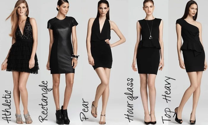 five examples of black mini dresses, for different body shapes, flared and a line, halter neck and one shoulder, black tie optional wedding outfts for women, lace and faux leather, frills and sequins