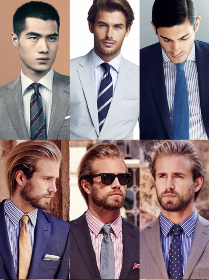 six images showing men in medium close up, dressed in smart pinstripe shirts, and blazers in light grey and navy blue, dark grey and black, worn with smart ties