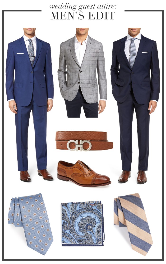 black tie optional wedding, three ideas for a smart outfit for men, blue suit with a white shirt, checkered grey blazer, white shirt and dark trousers, navy blue suit with a white shirt, patterned neckties and a pocket handkerchief, brogue shoes and a belt