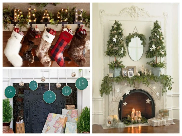 three fireplace decor ideas, five stockings made of fabric, or faux fur, stuffed with small toys, a vintage style white fireplace, featuring star-shaped decorations and greenery, presents placed near an ornate fireplace grate