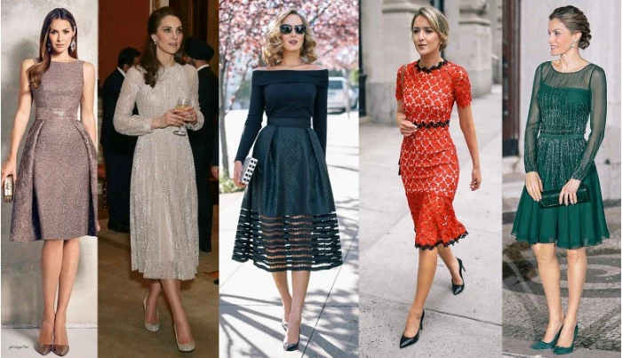 kate middleton and four other women, wearing smart knee-length and midi dresses, in grey and silver, dark teal and green, and red and white, what is cocktail attire, sequins and embroidery