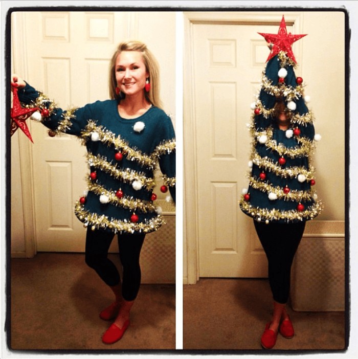 blonde smiling woman, wearing a dark blue jumper, decorated with gold garlands, featuring red and white baubles, diy ugly christmas sweater, next image shows her with raised arms, resembling an xmas tree, with a red star on top
