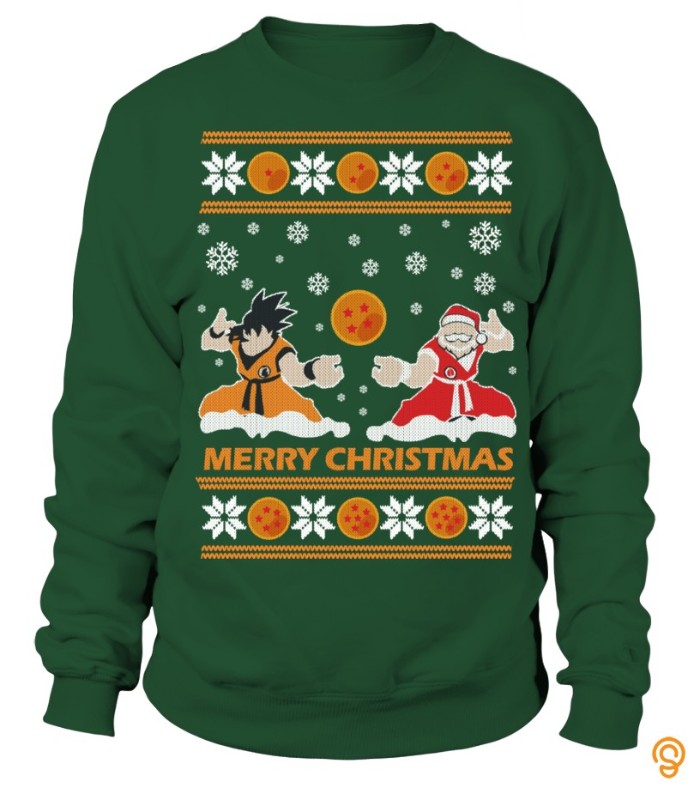 snowflakes in white, and dragon balls in orange, on a dark green jumper, featuring santa clause, and goku from dragon ball z, ugly sweater party, inspired by anime