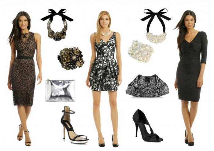 knee-length dresses, one in black, and one with a dark floral pattern, and a grey and white mini dress, what is semi formal attire, on three slim young women, two shoes and various accessories