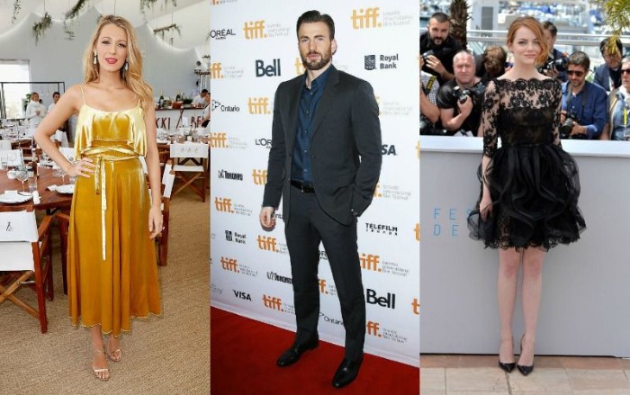blake lively wearing a yellow, strappy midi dress, emma stone wearing a little black dress, with lace and a puff ball skirt, cocktail attire wedding, chris evans in a dark grey suit, with a navy blue shirt