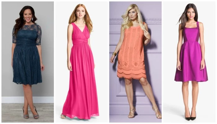 dresses with differenr designs, in four different colors, green lace knee-length dress, pink long gown, peach above-the-knee dress, with gold embroidery, silky purple knee-length dress, what is semi formal attire