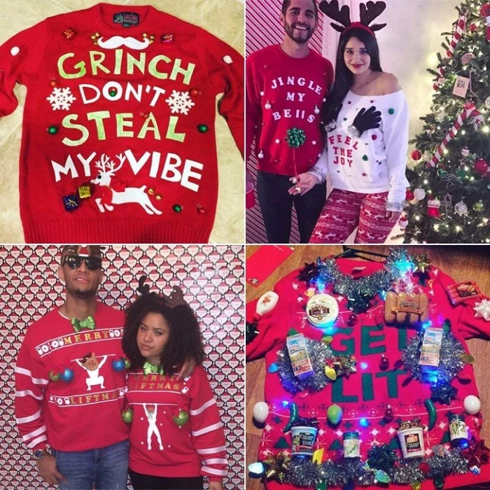 four ways of creating a diy ugly christmas sweater, red jumper with the words grinch don't steal my vibe, couples dressed in complementary sweaters, a red jumper, decorated with glowing christmas lights, garlands and more