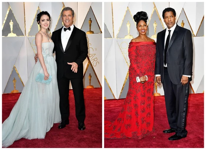 denzel washington and his wife, wearing a black suit, with a white shirt, and a black necktie, and a red gown, with grey embroidery, what is cocktail attire for men, mel gibson wearing a black suit, with a white shirt and a black bowtie, young woman in a pale blue strapless gown 