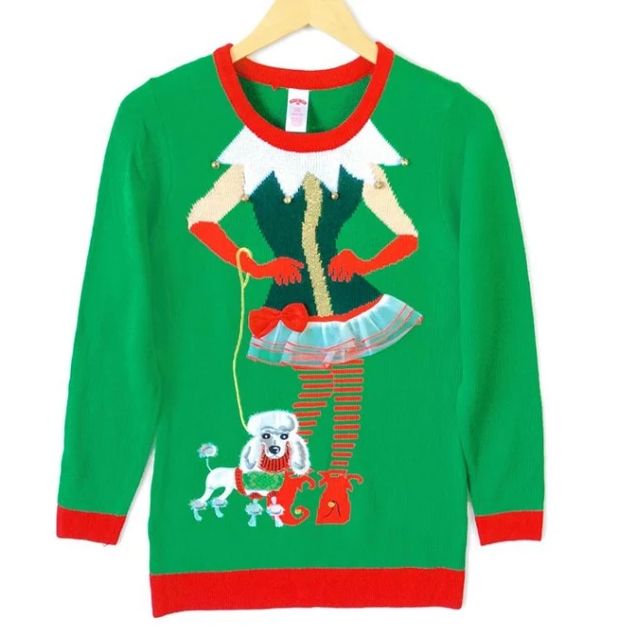 toy poodle on a leash, held by a female elf, dressed in tacky clothes, image on a green jumper, with red trims around its collar, cuffs and hem, girls ugly christmas sweater, on a white background