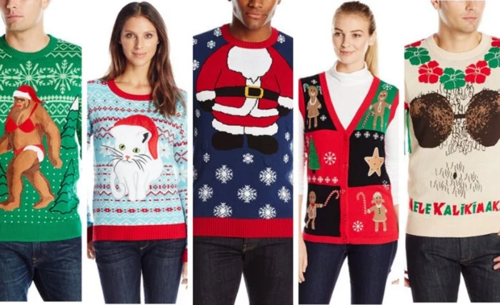 suggestions for ugliest christmas sweater, green jumper with bigfoot in a bikini, pale blue sweater with a kitten in a santa hat, dark navy jumper, with santa's body, and others