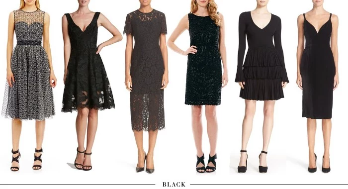 options for black formal dresses, what is cocktail attire, midi with white lace mesh, above-the-knee with flared design, midi with lace, mini with sequins, long-sleeved with frills, classic strappy midi