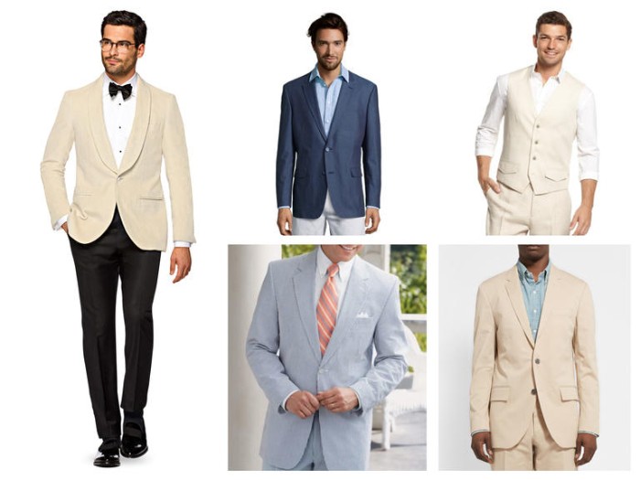 dinner jacket in cream, with a white shirt, black trousers and a black bowtie, blue blzer with a light blue shirt, and off-white trousers, and other combinations, cocktail attire wedding