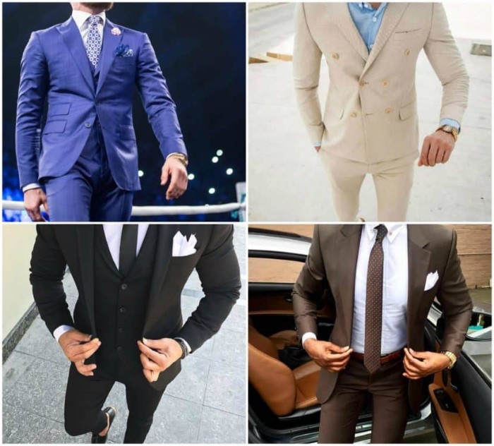 blue suit with a white shirt, and a patterned blue tie, pale cream suit, with a light blue shirt, black three piece suit, black tie optional wedding, brown suit with a white shirt, and a brown tie