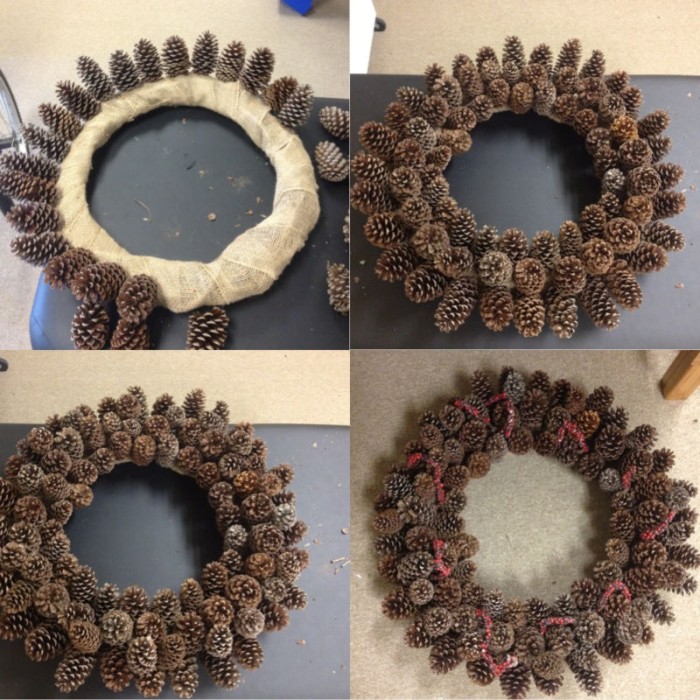 sticking lots of pinecones, onto a hoop, wrapped in white adhesive texture, how to make a christmas wreath, shown in four steps