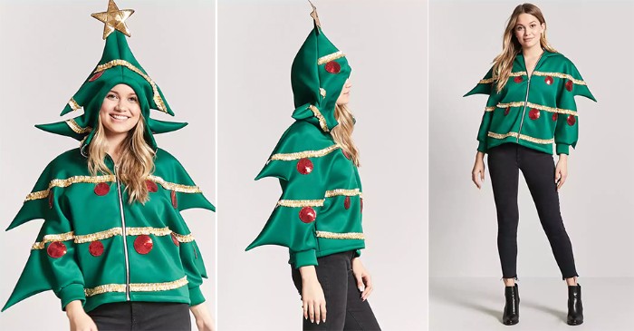 hoodie in green, shaped like a xmas tree, with gold garlands, and red baubles, worn by a young, smiling blonde woman, ugly sweater ideas
