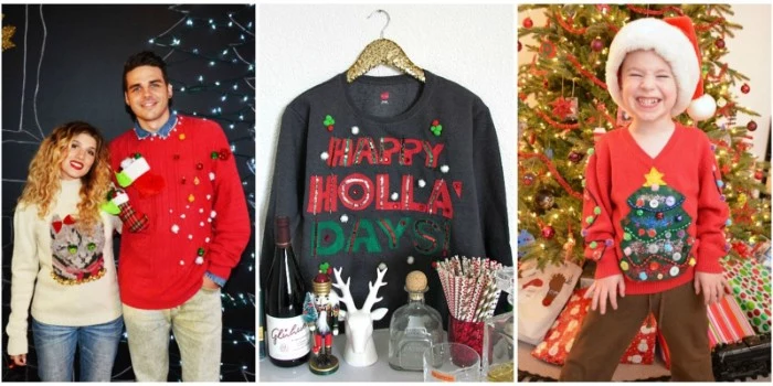 ideas for ugliest christmas sweater, couple dressed in diy festive jumpers, a black holiday sweater, with a festive messgae, a smiling child, wearing a handmade, red xmas jumper, with a christmas tree
