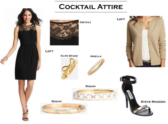 choosing the right outfit, what is cocktail attire, smart black dress with lace detail, black and gold high heel sandals, light beige cardigan, gold barcelets and rings