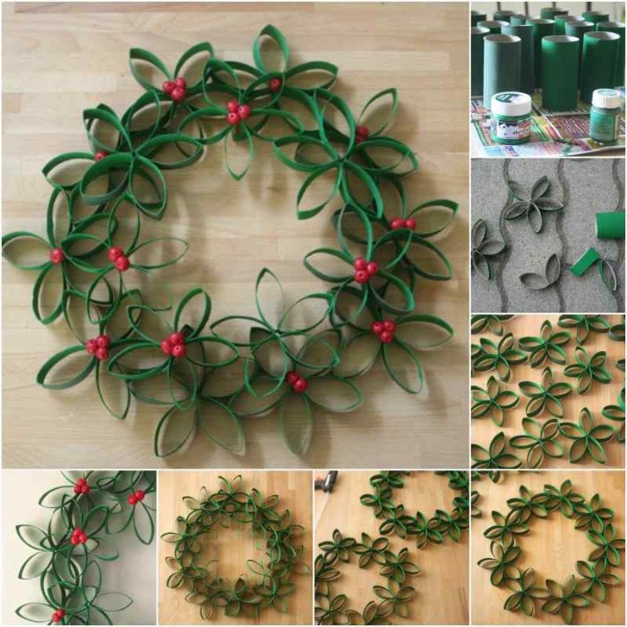 eight images explaining the process, of creating a floral green wreath, making tubes from green paper, cutting them into strips, sticking the strips together to form flowers, and attaching the flowers together, to form a wreath