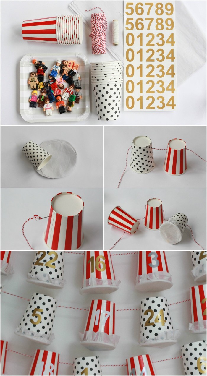 paper cups with different patterns, striped white and red, and plain white string, gold number sticker sheets, and multiple lego figurines, christmas advent calendar, easy idea you can make at home