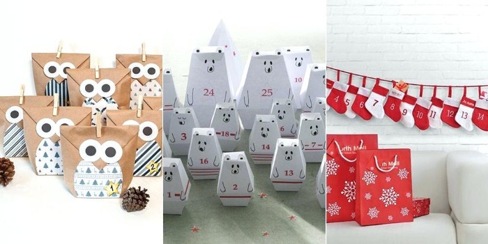 collage with three images, showing ideas for handmade advent callendars, brown paper bags, amde to look like owls, white polar bear boxes, little numbered red and white stockings, made from felt 