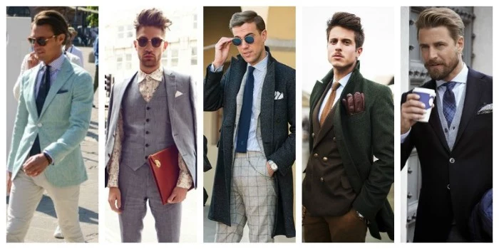 winter and summer ideas, for men's smart outfits, cocktail attire wedding, pale blue blazer, white shirt and white trousers, grey tweed three piece suit, and other combinations