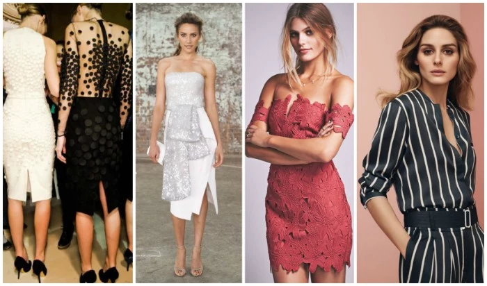 slim women dressed in different outfits, what is semi formal attire, white wiggle dress with lace, black embroidered dress with a sheer back, silver and white midi strapless dress, red lace mini dress, and a black and white striped jumpsuit