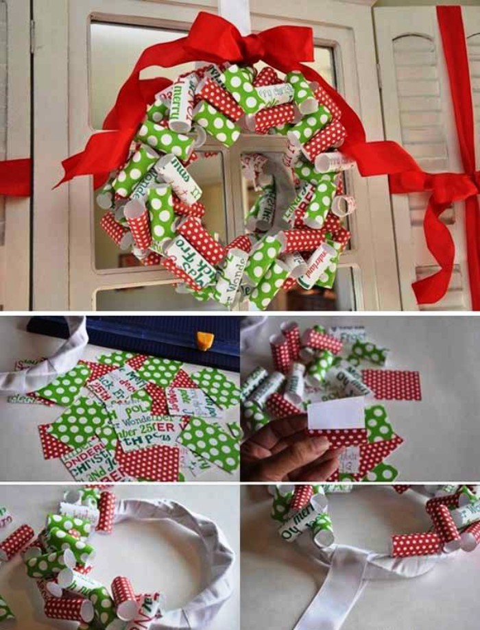 using strips of red, and light green paper, with white polka dots, to create a wreath, rolling the pieces of paper, and sticking them onto a white hoop, covered in white fabric, how to make a christmas wreath, with a red ribbon, tied into a bow at the top