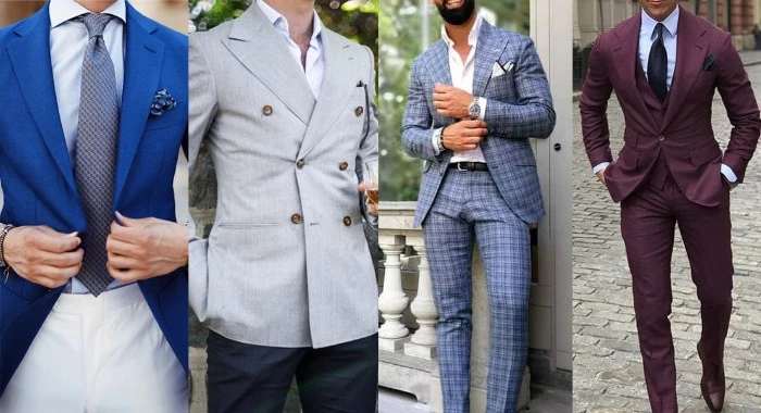 electric blue blazer, worn over a pale blue shirt, and white trousers, with a patterned blue tie, marron three piece suit, semi formal wedding attire, checkered blue suit, pale stone grey blazer, with dark navy trousers