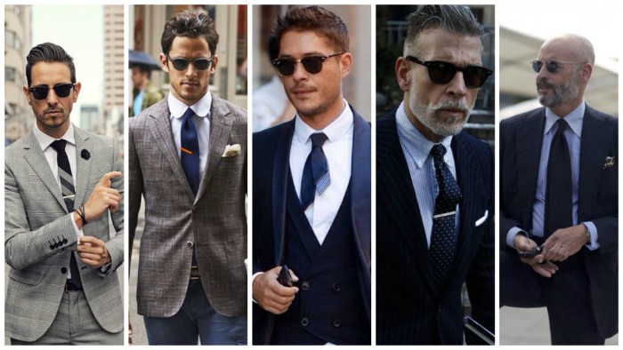 collage featuring five images, of men dressed in smart clothes, black and navy blue suits, pale grey checkered suit, blue trousers and a mink grey blazer, all worn with dark ties