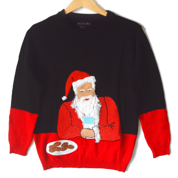 meme-inspired jumper in black and red, featuring santa in the pose of the most interesting men in the world, holding a glass of milk, near a plate of cookies