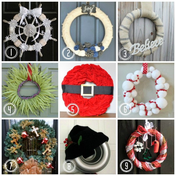 more suggestions for a diy wreath, ship's steering wheel wreath, painted in silver, santa wreath in red, with a black belt, and many others
