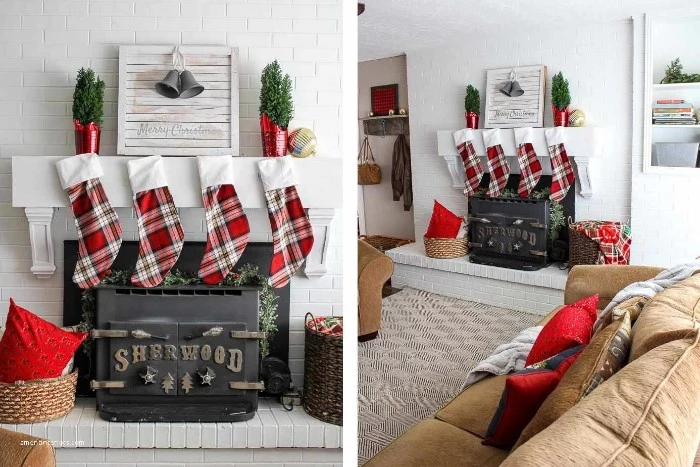 tartan stockings in red and white, hanging on a small, wooden mantel in white, suspended above a black fireplace, mantel decor, inside a bright room