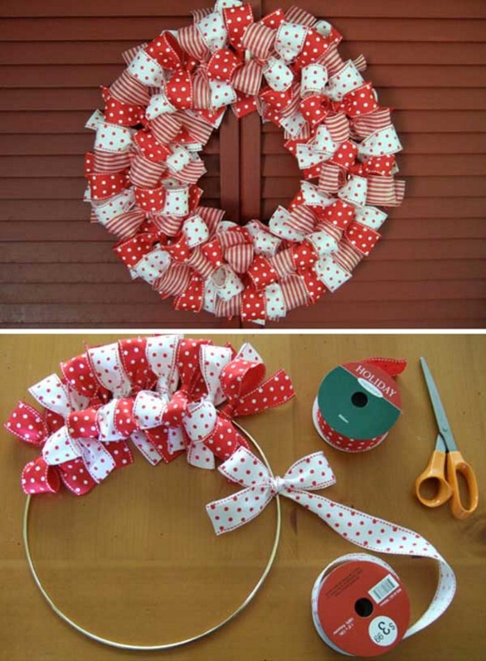 polka dots and stripes, decorating pieces of red and white ribbon, tied in dense bows, around a metal hoop, to form a wreath, holiday wreaths diy ideas