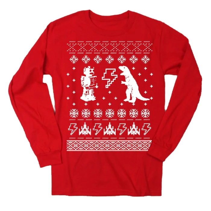 robot and a dinosaur, snoflakes and lightning bolts, stars and little space ships, printed in white, on a cute ugly christmas sweater, with a white background