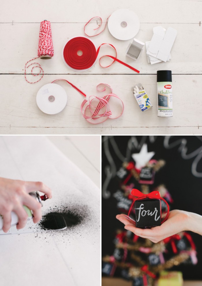 materials needed for making a diy advent calendar, white and red thread, red ribbon and white card, black spray paint, next images show, a hand applying black spray paint, to a piece of white card, and a hand holding a black box, with a red bow