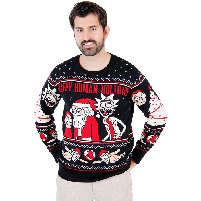 bearded dark-haired man, wearing a black, red and white jumper, featuring santa clause, and characters from the animated TV show rick and morty