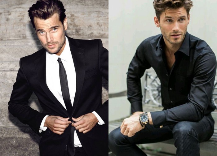image of a smartly dressed man, in a black suit, with a white shirt, and a black tie, next to a photo of a man, wearing dark trousers, and a black, partially unbuttoned shirt, what is semi formal attire vs formal