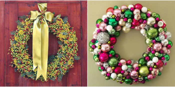 wreath ideas in two photos, a fir branch wreath, decorated with multiple, yellow and red, and a wreath, made from christmas tree baubles, in different colors