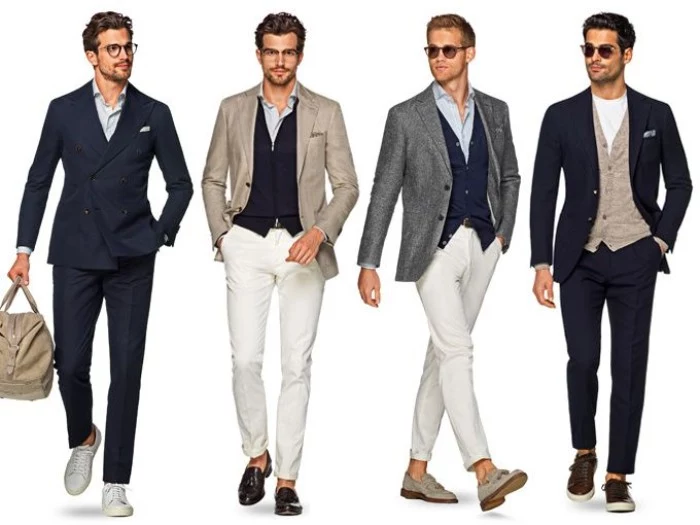 examples of smart clothes for men, dark navy suit, white trousers and blazers in beige and grey, vests in black, navy and beige, what is cocktail attire for men, answered with four outfits