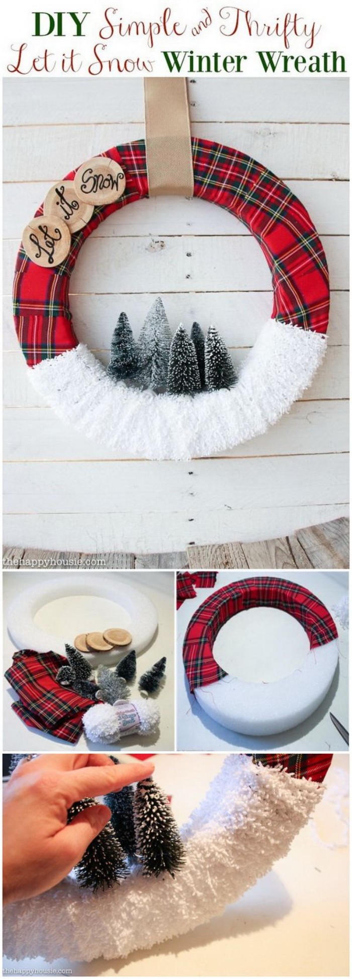 photo tutorial showing how to make a christmas wreath, white styrofoam hoop, wrapped in red tartan fabric, and white gauze, and decorated with small, christmas tree figurines
