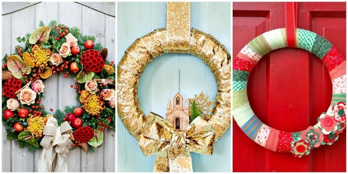 three examples of christmas wreath ideas, multicolored wreath with faux flowers, a gold-colored wreath, with a small church figurine, a multicolored wreath made with washi tape