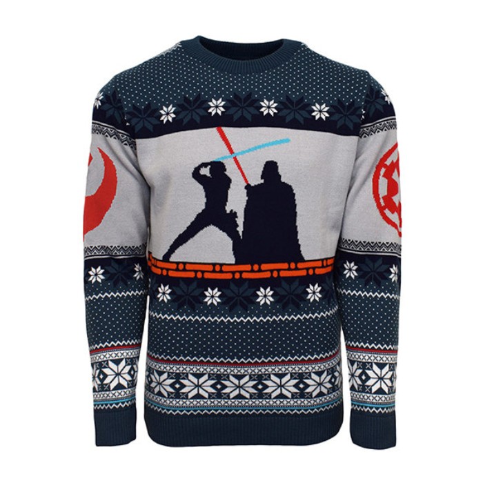 luke skywalker and darth vader, fighting with lightsabres, on a navy blue and grey xmas jumper, with orange details