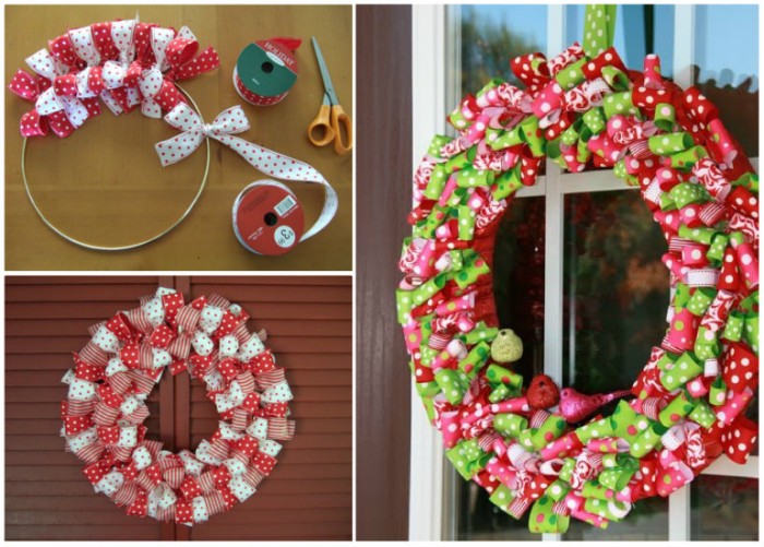 multicolored ribbons tied into dense bows, onto a metal hoop, to form a christmas wreath, how to make a christmas wreath, the easy way