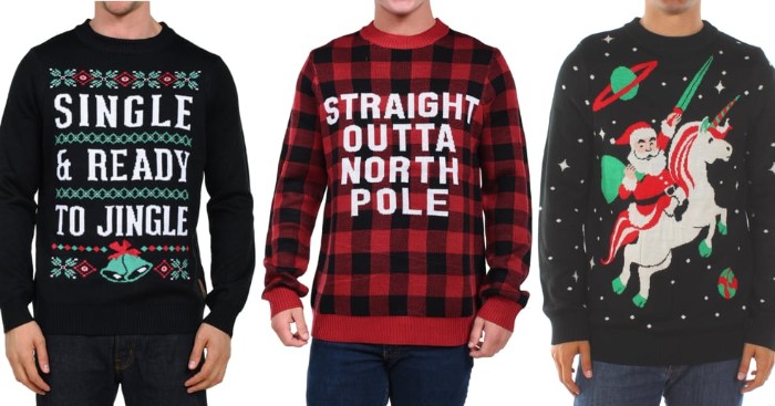 unicorn ridden by santa in space, on a black xmas jumper, red plaid sweater with a funny message written in white, and a black jumper with the phrase, single and ready to jingle, and decorative motifs