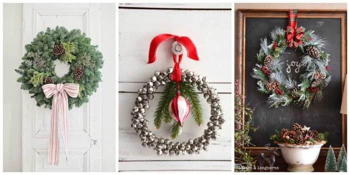 diy christmas wreath examples, in three photos, a classic fir leaf wreath with a bow, a thin wreath, made with christmas tree ornaments, a pine leaf wreath, decorated with pinecones