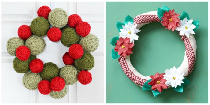 a pair of holiday wreaths, one created by red, beige and kahki green yarn balls, stuck together, the other wrapped in white and red fabric, and decorated with red and white fake flowers