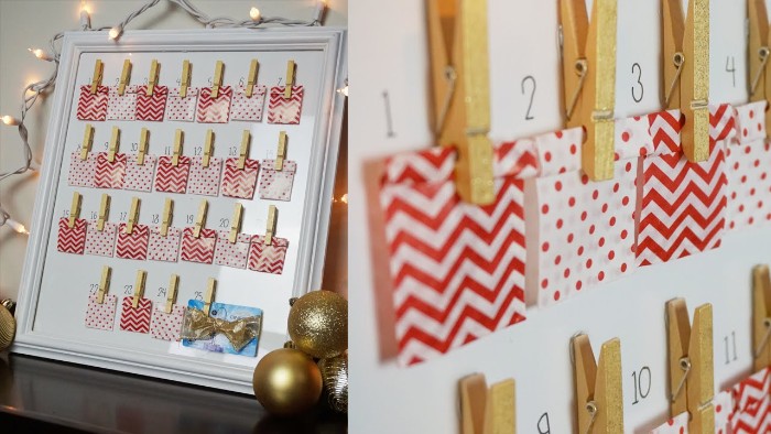 side by side images, showing a framed white board, with 25 small, white and red paper bags, clipped with wooden clothes pegs, christmas countdown calendar, next imag shows a close up, of the paper bags