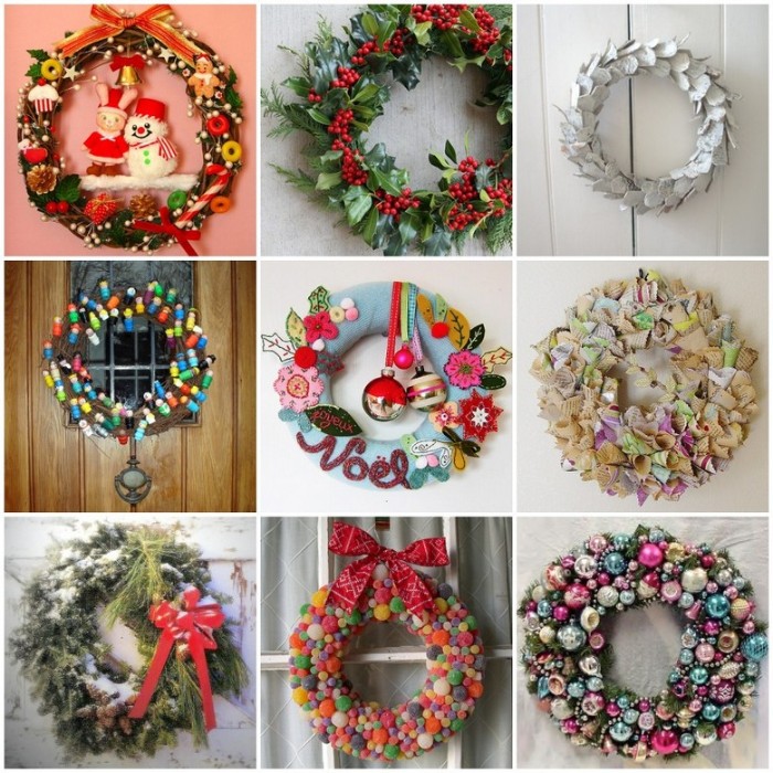 nine diy wreath ideas, candy-themed wreath, made with felt, candy wreath with a red bow, silver leaves wreath, and many more